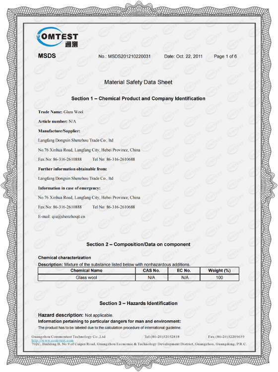 L&atilde; de Vidro MSDS